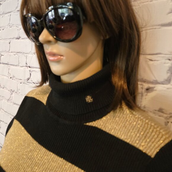 Lauren by Ralph Lauren - Black & gold long sleeve striped turtleneck sweater - Picture 8 of 12